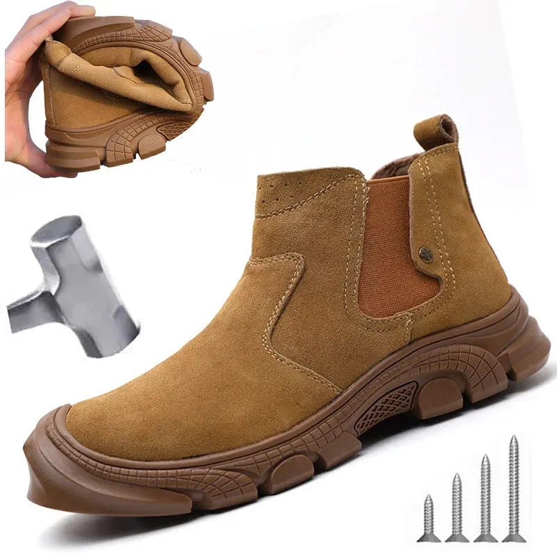 ブーツEagsity 100％Cow Suede Leather Work Safety Shose Anti Smashing Steel Toe Shoes Men Shoes Ankle Boots Coreft