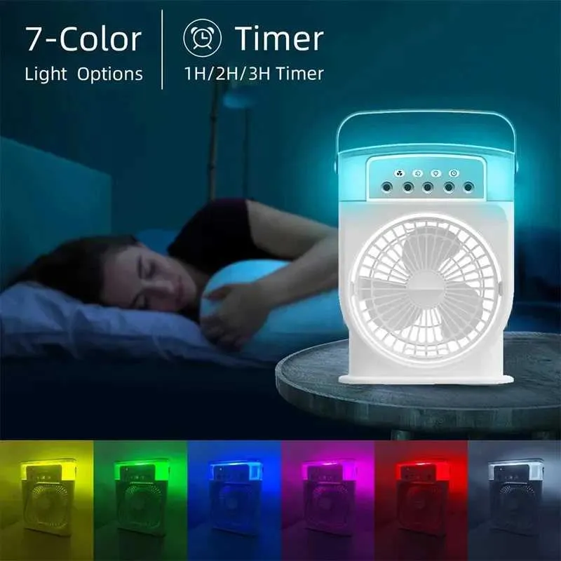 Electric Fans Electric Fan Mini Air Conditioner Firidifier Portable Fan för USB Cooling Air Cooler LED Night Light Water Mist Firidifying Fans 240319