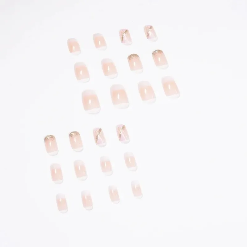 False Nail Full Cover Fake Nail Elegant Pink Gradient Glitter French Short Nails Coffin Short False Nail Press On Nails