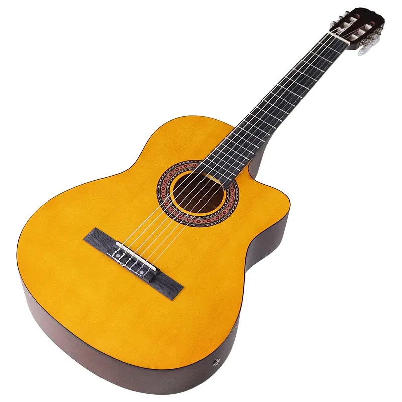 Guitare classique, finition mate, couleur jaune, coupe, 39 pouces, 6 cordes en nylon, guitare classique avec EQ