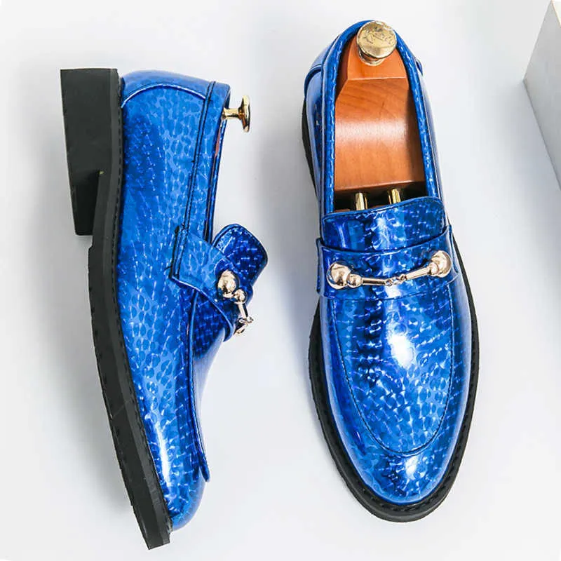 Leer glanzend patent HBP niet-merk schoenen duurzaam blauw goud ronde neus comfortabele loafers herenkleding Oxfords