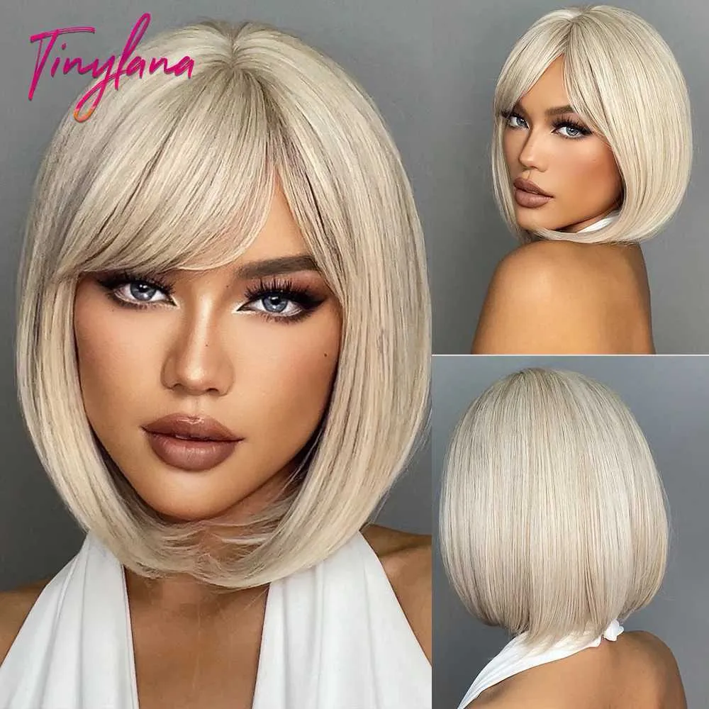 Synthetic Wigs Lace Wigs White Blonde Gray Synthetic Wigs with Bangs Short Straight Bob Hair Wig for Women Cosplay Daily Natural Hair Heat Resistant 240328 240327