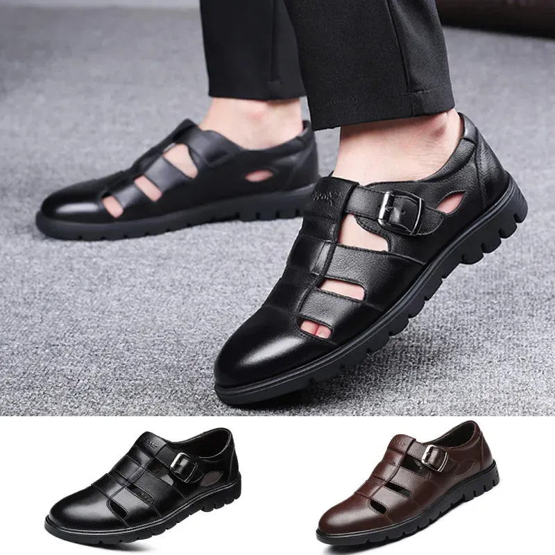 Boots Lin King Fashion Généreuse cuir creux out des hommes Sandales Summer Chaussures décontractées Breffant extérieur Slip on Man Sandals Chaussures de plage