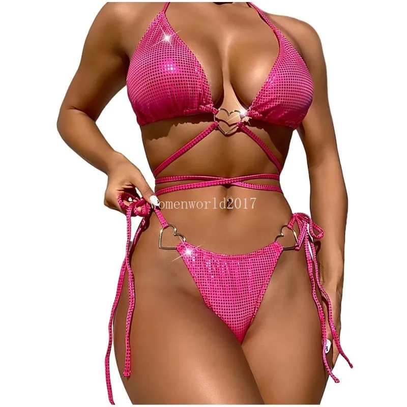 Maillots de bain pour femmes Femmes Sexy Love Ring Maillots de bain Bandage Bikini Set Sangle de laçage avec tasse Gather Maillot de bain Halter String Maillot de bain pour femmes