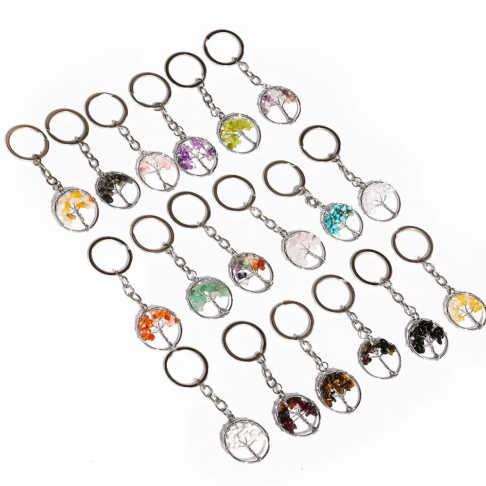 Perle de pierre de puce naturelle 30mm ronde arbre de vie porte-clés sac voiture porte-clés pendentif porte-clés