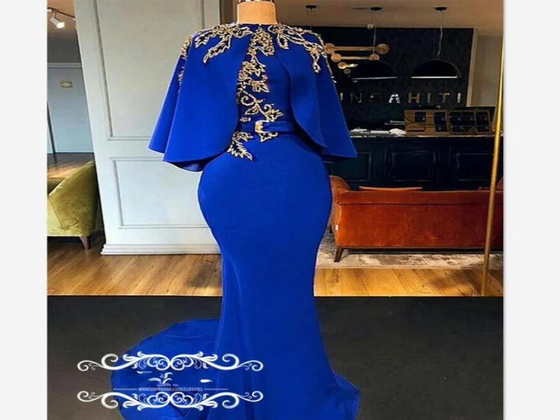 Vintage Zeemeermin Koningsblauw Avondjurken Met Mantel Cape Gouden Kralen 2019 Arabische Dubai Vrouwen Designer Lange Galajurk Feestjurken5603930