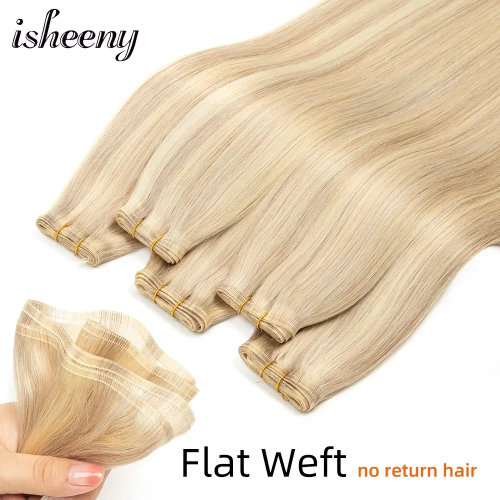 Inslag Höjdpunkt Flat Weft dolda hårförlängningar blond människohårväv 50g raka buntar Inget kort hår på inslag 20 tum
