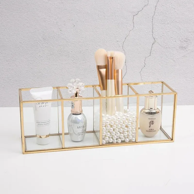 Transparent Glass Makeup Brush Storage Box Gold Cosmetics Container Ring Pencil Lipstick Holder Make Up Brushes Organizer