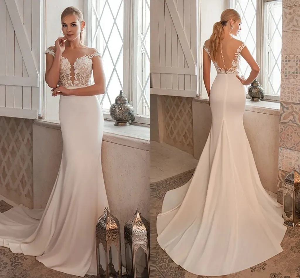 Elegant Mermaid Wedding Dresses 2024 Lace Appliques Cap Sleeves Illusion Buttons Back Boho Bridal Gowns Sweep Train Vestidos De Novia YD