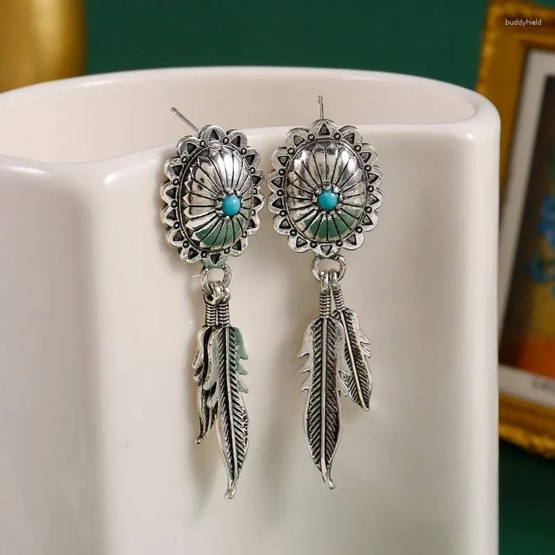 Dangle Earrings Retro Ethnic Handmade Carving Women's Inlaid Turquoise Hanging Long Double Feather Jewelry For Women Wholesale