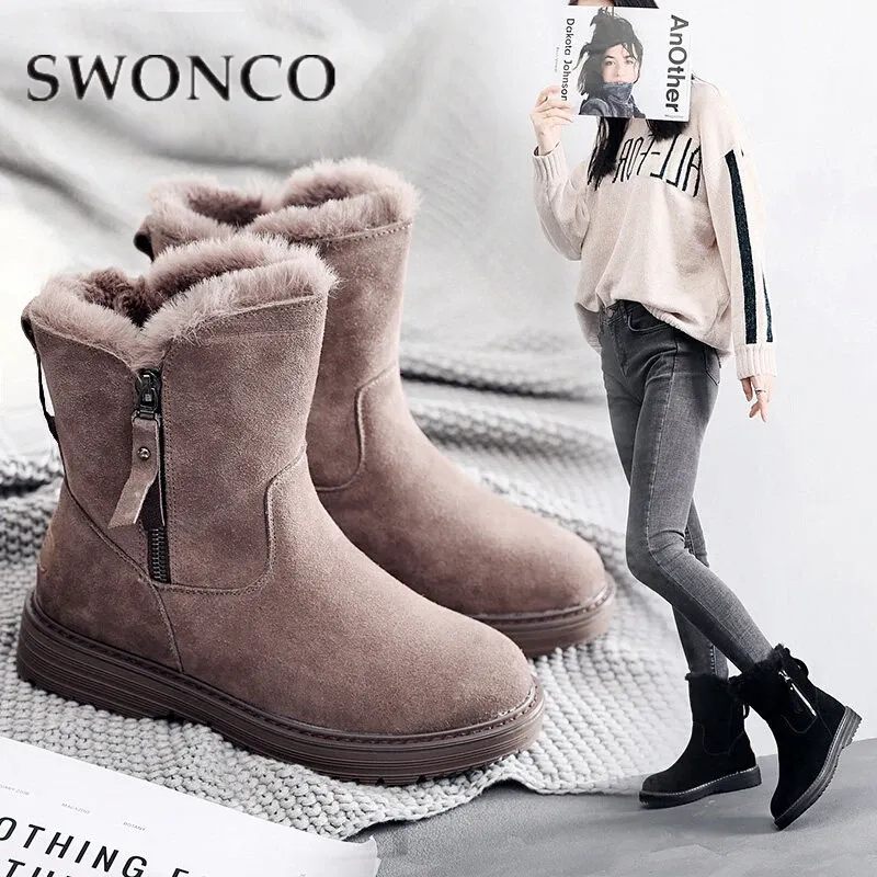 ブーツSwonco Real Leather Women Winter Boots Snow Boots Oxford Ladies Winter Plush Memaly Jasty Zipper Ware Mid Boots 30度