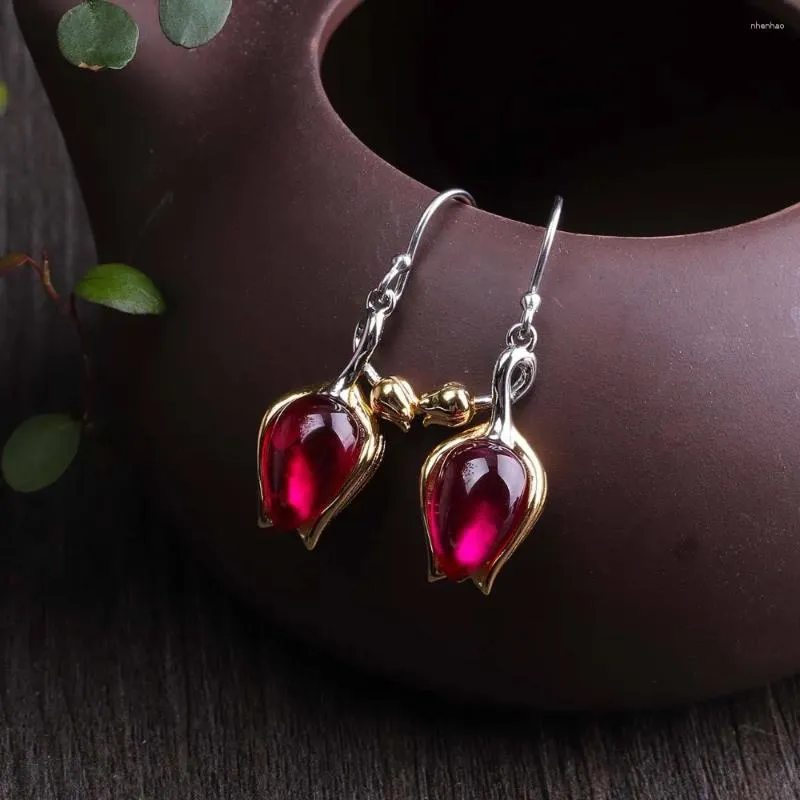 Boucles d'oreilles pendantes en argent pur S925, bijoux à la mode, Design fait à la main pour dames, ensemble de tulipes en corindon rouge, ornements