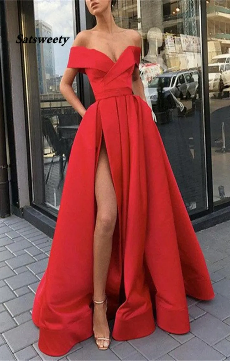 Red Prom Dresses Off the Shoulder High Slit Long Evening Gown with Pockets vestidos de fiesta largos elegantes gala2835124