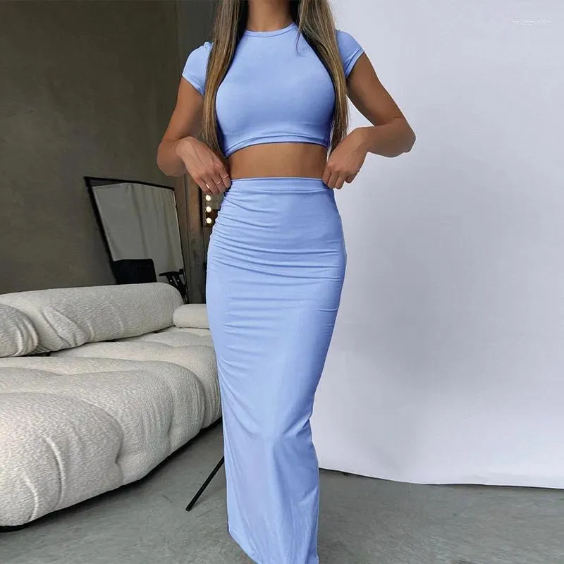 Work Dresses Casual Short Sleeve Crop Top And Long Skirt Set Bodycon Y2k Two Piece Mini Women Summer 2 Outfits Sets