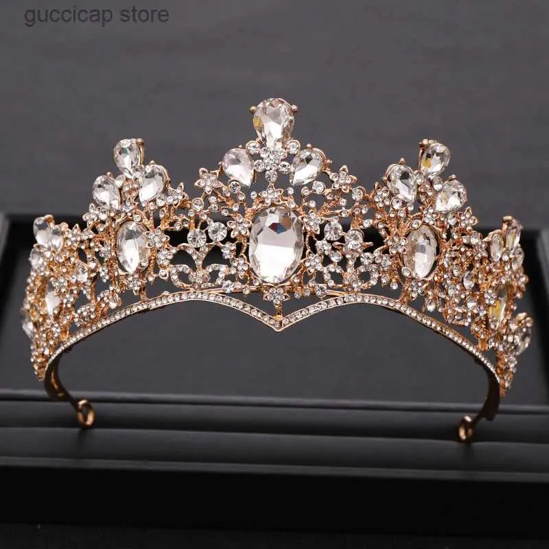 Tiaras Vintage Baroque Gold Rhinestone Crystal Crown Wedding Tiara Crown Pageant Prom Crowns Bride Headbands Crown Hair Accessories Y240320