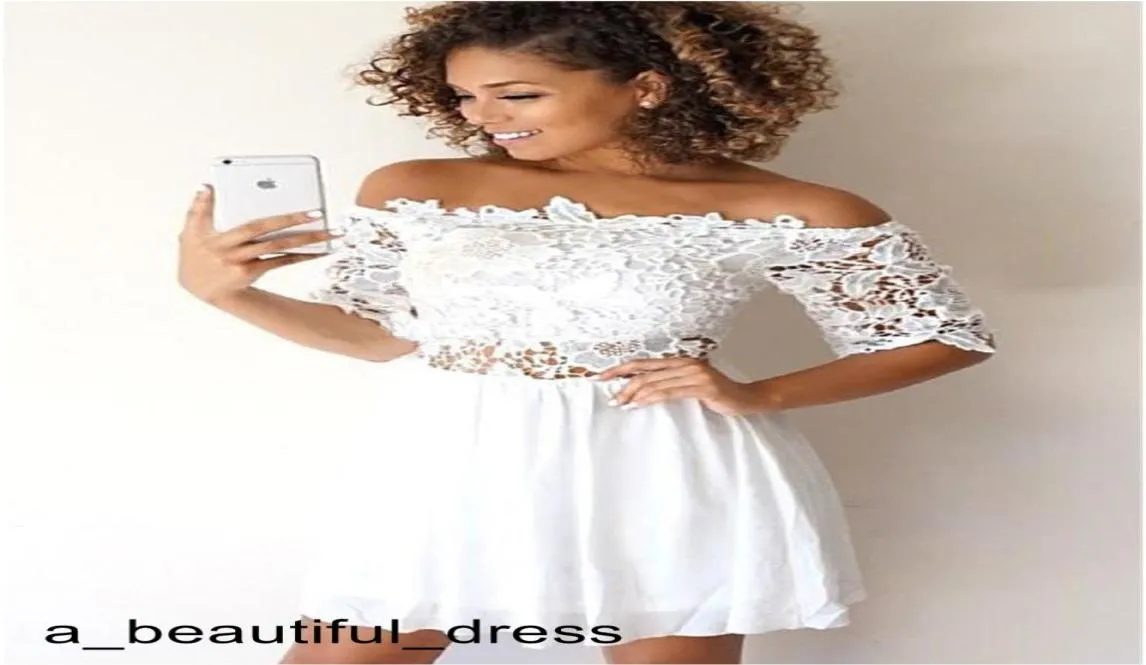 White Short Homecoming Dresses Bateau Neck Off The Shoulder Half Sleeves Lace Chiffon Mini Prom Dresses Summer Autumn Party Prom D6397374