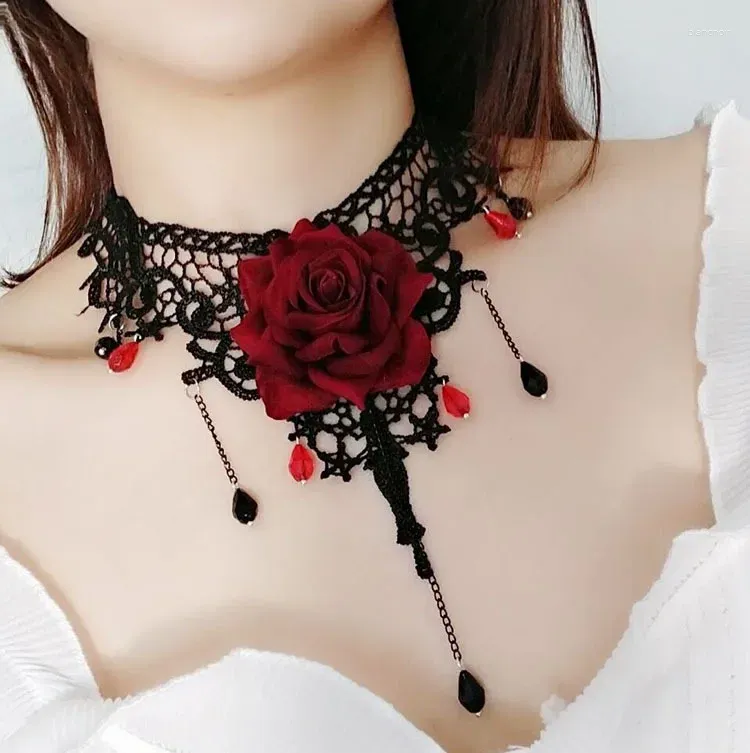 Catene Collana girocollo moda Clavicola nera Catena in pizzo Ciondolo in cristallo Donna Ragazza Collare Collo con gioielli per feste