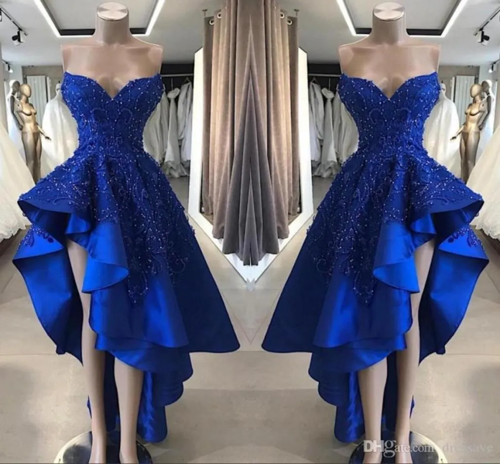 Royal Blue High Low Prom Cocktail Dresses Real Image A Line Beaded Appliques Sweetheart Asymmetrical Long Homcoming Gowns1361567