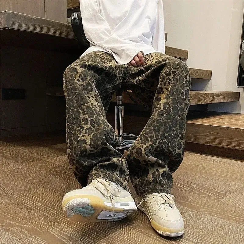 Jeans masculinos soltos e retro americano leopardo impressão para homens high street gótico hiphop na moda casal reto design perna larga calças compridas