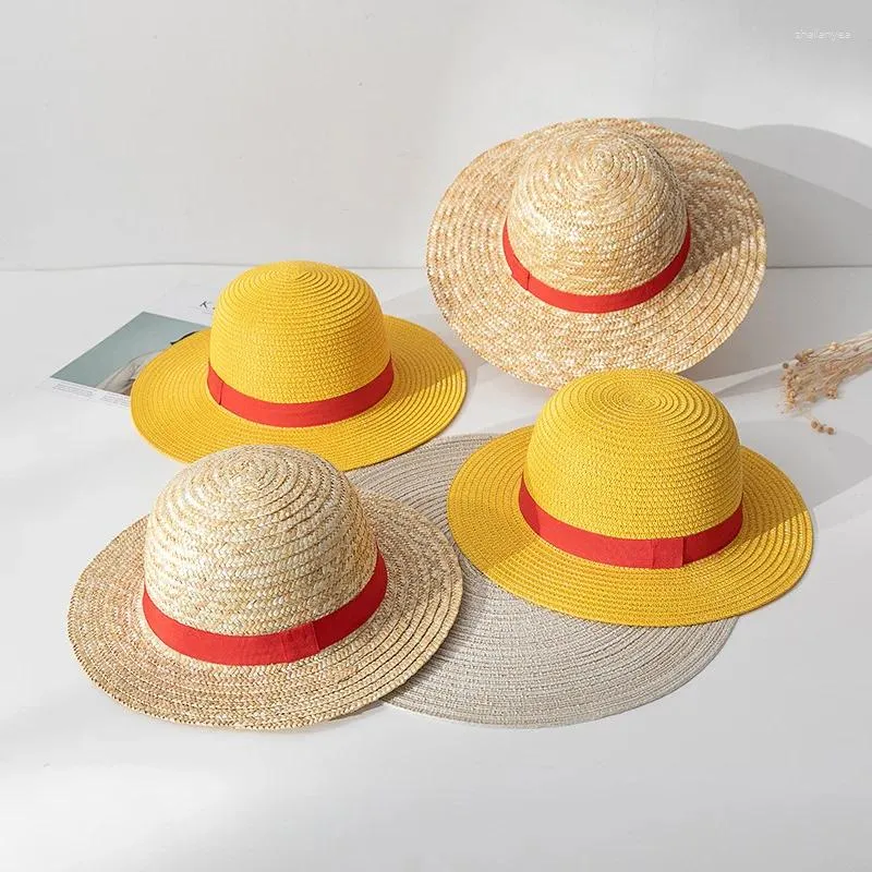 Berets Beach Cap Wholesale Cowboy Summer Panama Salt Grass Wide Brim Straw Hat With Red Ribbon Luffy Cosplay Women Men Visor Capw