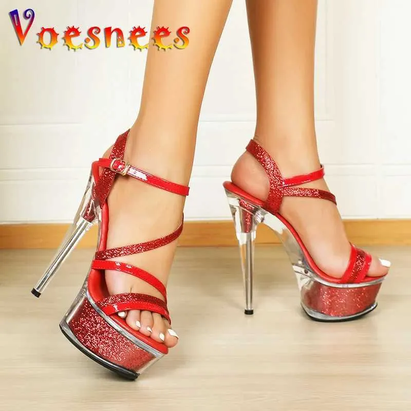 Scarpe eleganti da donna sexy fascia sottile tacchi alti piattaforma di cristallo discoteca 15 cm modello di scena sandali moda estiva pole dancing rosso paillettes H240325