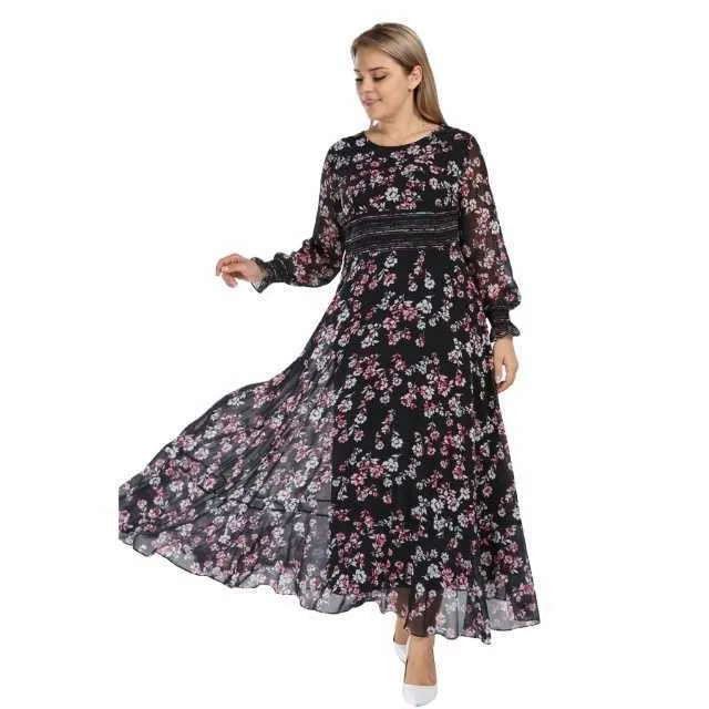 Plus Size Womens Clothing Großhandel Hersteller Mode Ask Preis Langarm hochqualitativ hochwertig floral bedrucktes Chiffon -Kleid