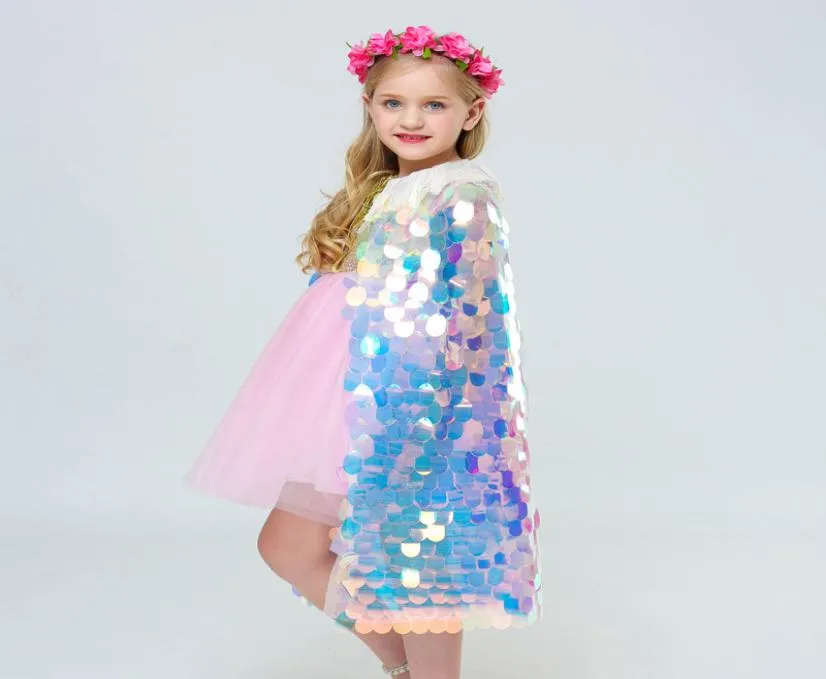 Capa de princesa para niñas, capa de Mantillas de sirena colorida con lentejuelas, capa para fiesta de Halloween, accesorios para disfraz de Cosplay 074750019