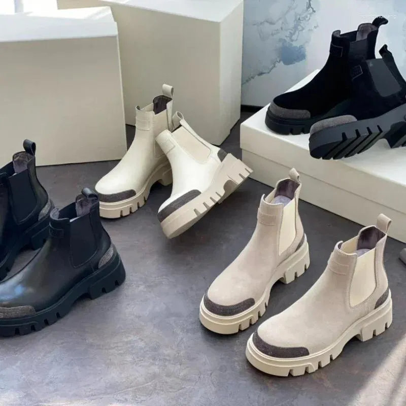 Sapatos casuais 2024 outono inverno feminino artesanal grânulo corrente camurça/couro botas curtas