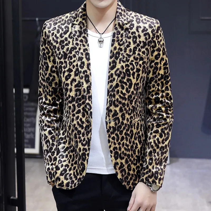 High Quality Blazer Mens Leopard Print Elegant Fashion Party Shopping Premium Simple Business Casual Gentleman Slim Fit Jacket 240313