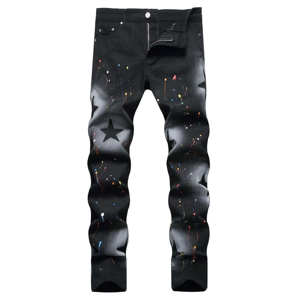 2023 lente nieuwe zwarte jeans voor heren, trendy en gepersonaliseerde verfgooiende kleine voeten, elastische slim-fit broek met middelhoge taille