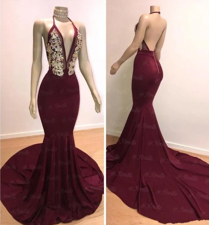 Bourgogne Prom Dresses 2019 Sexig Deep V Neck Open Back Evening Gowns Gold Crystal Bead Party Red Carpet Dress Formal Gown6930561