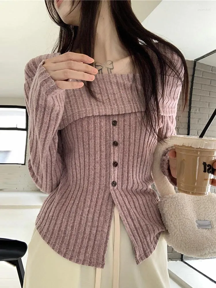 Kvinnors tröjor utanför axelstickan Pullover Kvinnor Chic Casual Slim Gentle Topps Female Spring Square Neck Solid LongeChes Knitwears Lady