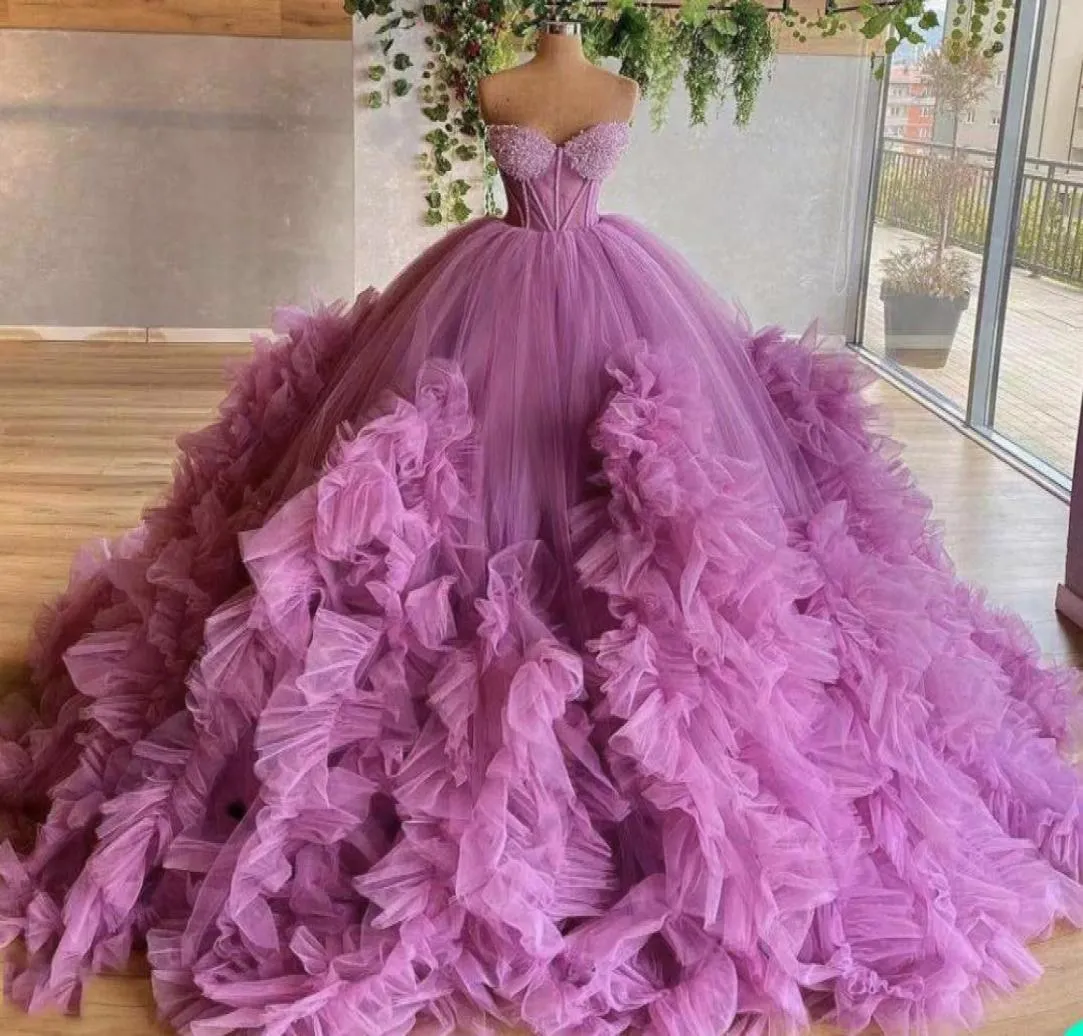 Helllila Ballkleid Quinceanera-Kleider, abgestufte Rüschen, Perlen verziert, Tüll, Damen, Sweet 16, formelle Party, Robe de Soiree, elegant, lang, Pr4015938