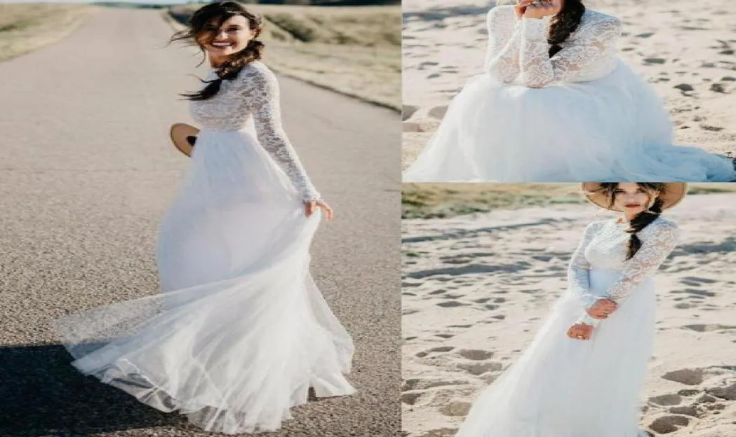 2019 Long Sleeves Wedding Dresses Lace Tulle Custom Made Floor Length Autumn Bridal Dress Country Boho Empire Waist Wedding Gowns4740134