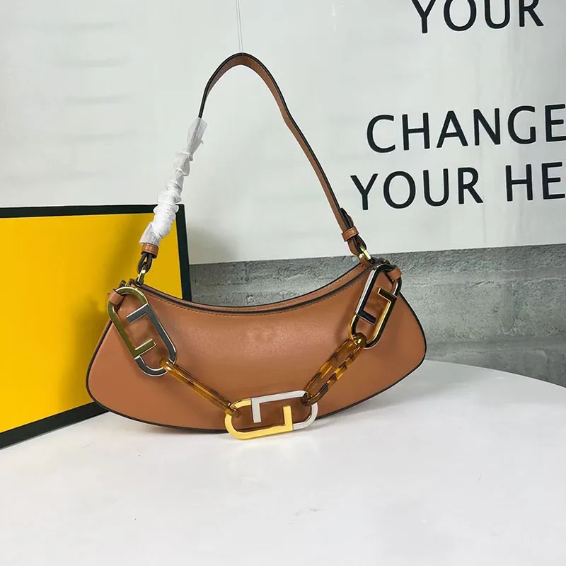 Fashion Designer Shoulder Bag Glass Chain Womens Luxury handbag Leather Hobo Half Month Wallet Fashion Lady Underarm Lock Bags F Letter Brown Purse