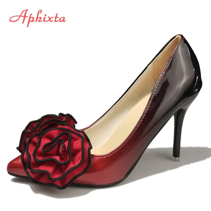 펌프 aphixta 3.93 인치 발 뒤꿈치 뾰족한 발가락 펌프 여자 꽃 얇은 하이힐 신발 gradient discolor patent wedding shoes 여자