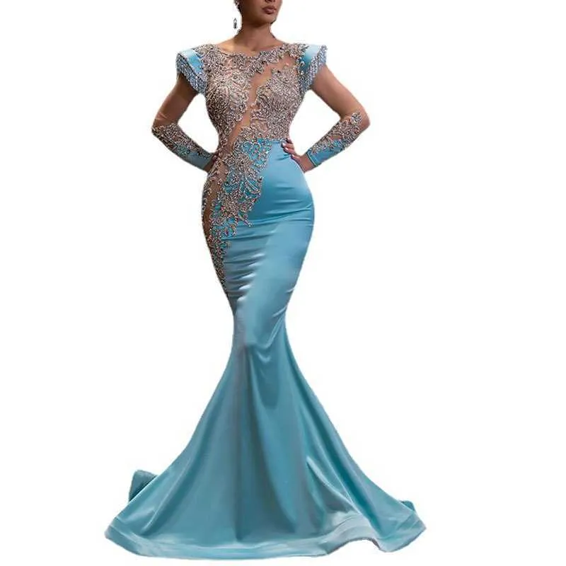 Женская одежда 2023, голубая юбка «рыбий хвост», модель президента, песочное, золотое, темпераментное платье для ежегодной встречи