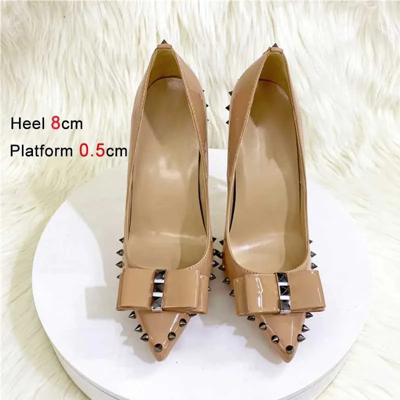 Elbise Ayakkabı Moda Perçin Yüksek Topuklu 12 cm Stiletto Saçlı Toe Ladies Sığ Ağız Tek Çıplak Renkli Yay Knot Kadın Pompaları H240321JH27RV07