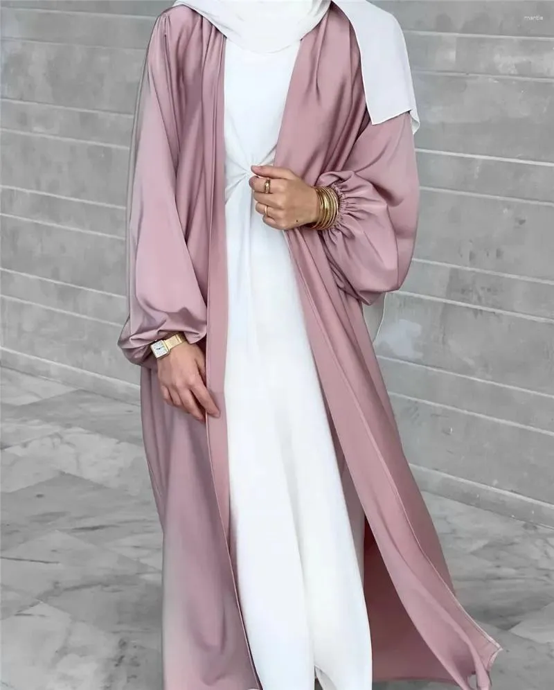 Etnisk kläder Summer Satin Open Abaya Dubai Turkiet Bubble Sleeves Abayas For Women Muslim Hijab Dress Islam Kaftan Robe Kimono Femme