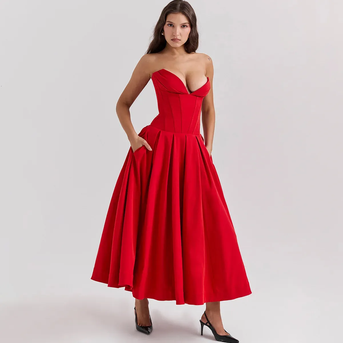 Product Title: Red Suninheart Strapless Red Prom Dress - Elegant Fit and Flare Style for Summer Formal Occasions and Birthday Parties - Women's