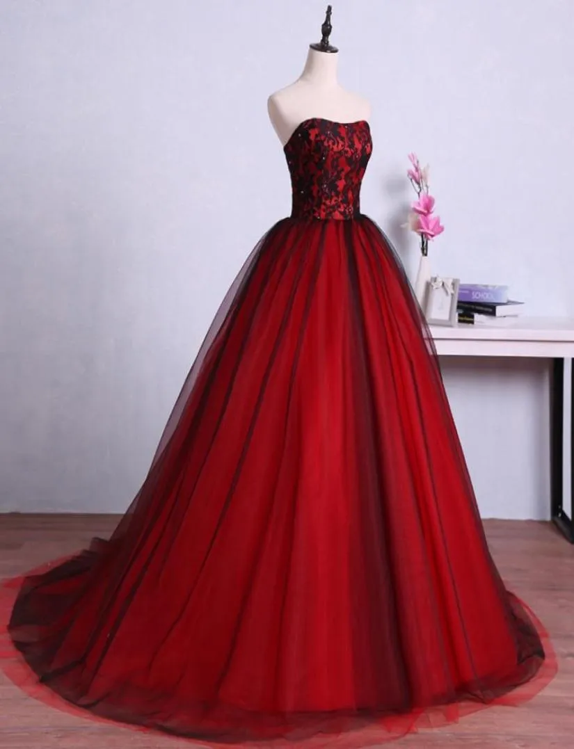 Czerwone i czarne, długie sukienki na studniówkę do ukończenia tiulowego suknia balowa koronkowe formalne suknie wieczorowe sukienki Vestido de Festa Longo8950006