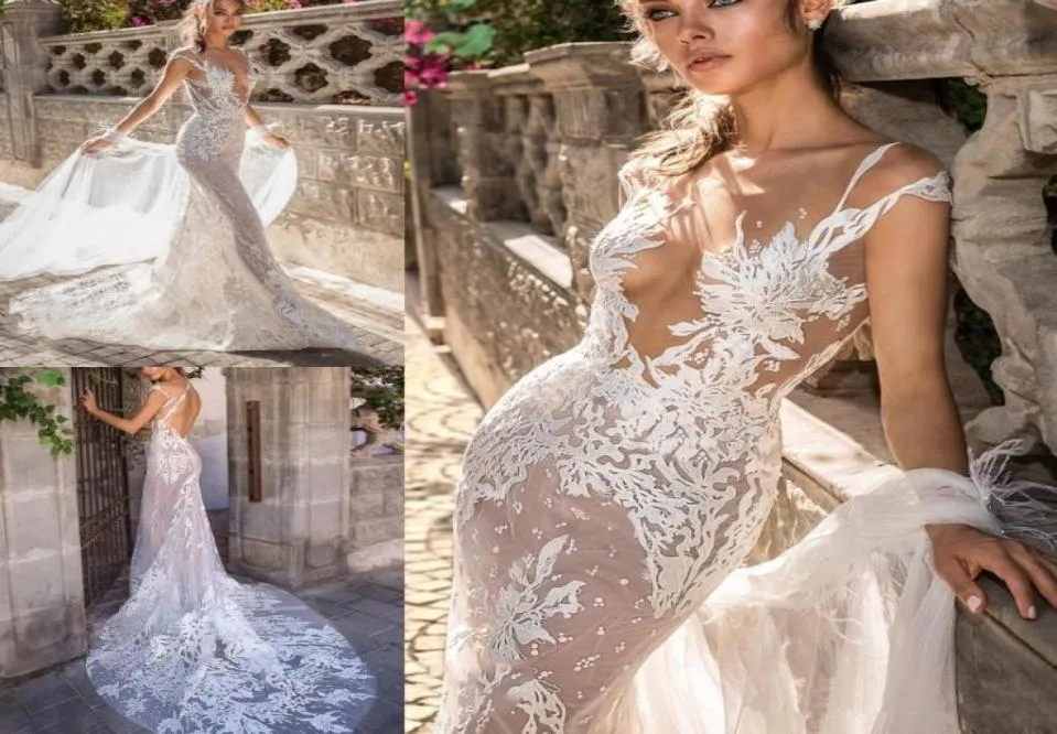 2020 Elihav Sasson sirena vestidos de novia de playa con tren desmontable Sheer Neck vestidos de novia de encaje manga casquillo ilusión Boho Brid4092146