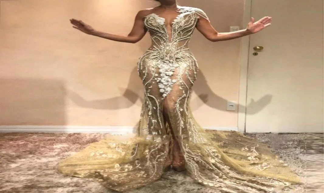 Robe de soirée sirène illusion avec col de bijou transparent, perles majeures, robe de bal fendue sur le devant, robe de cocktail transparente Duba1163385