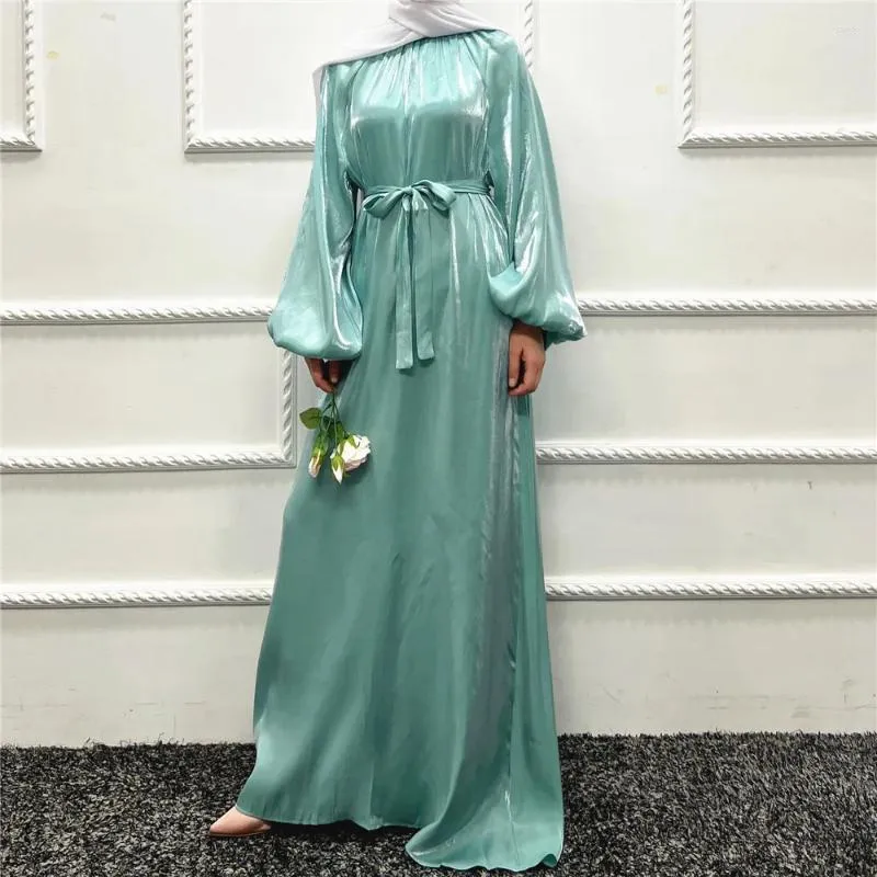 Etnische kleding Glanzende Abaya Moslimvrouwen Bescheiden lange maxi-jurk Pofmouwen Turkije Eid Ramadan Islamitische Kaftan Jurk Dubai Hijab Jalabiya