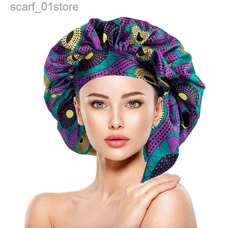 Bandanas Durag Extra Large African Pattern Print Satin Hat Womens Night Sleep C Adjustable Broadband Elastic Head Wr Hair HatC24319