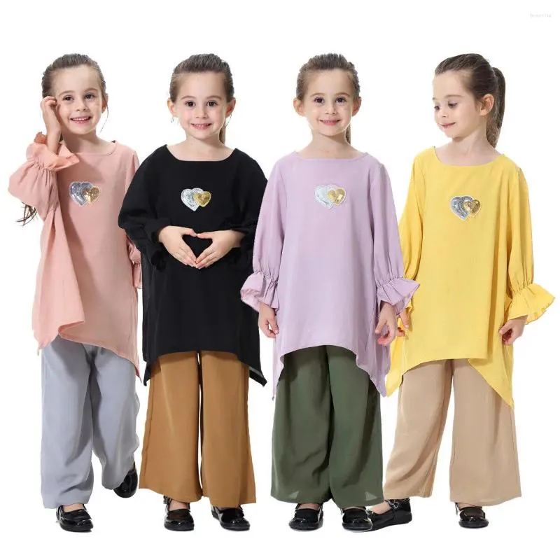 Ethnic Clothing Two Pieces Children Girls Outfits Muslim Islamic Abaya Kaftan Sets Casual Pullover Tops Pants Kids Ramadan Clothes