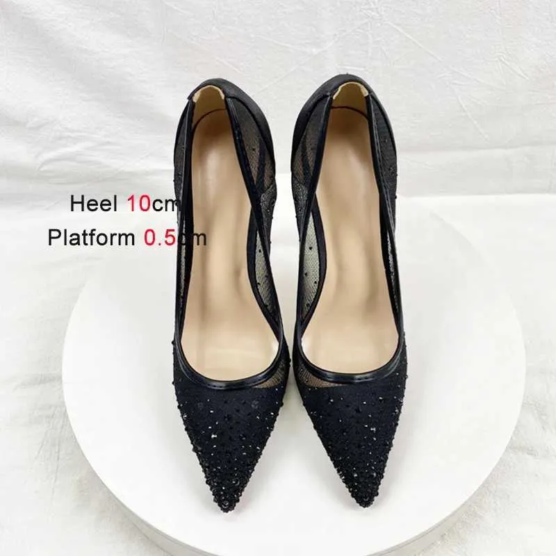 Klänningsskor andas Mesh Fashion Single Elegant Women Point Tip High Heels lyxig Rhinestone Summer Party Stiletto Pumps 12cm H240325