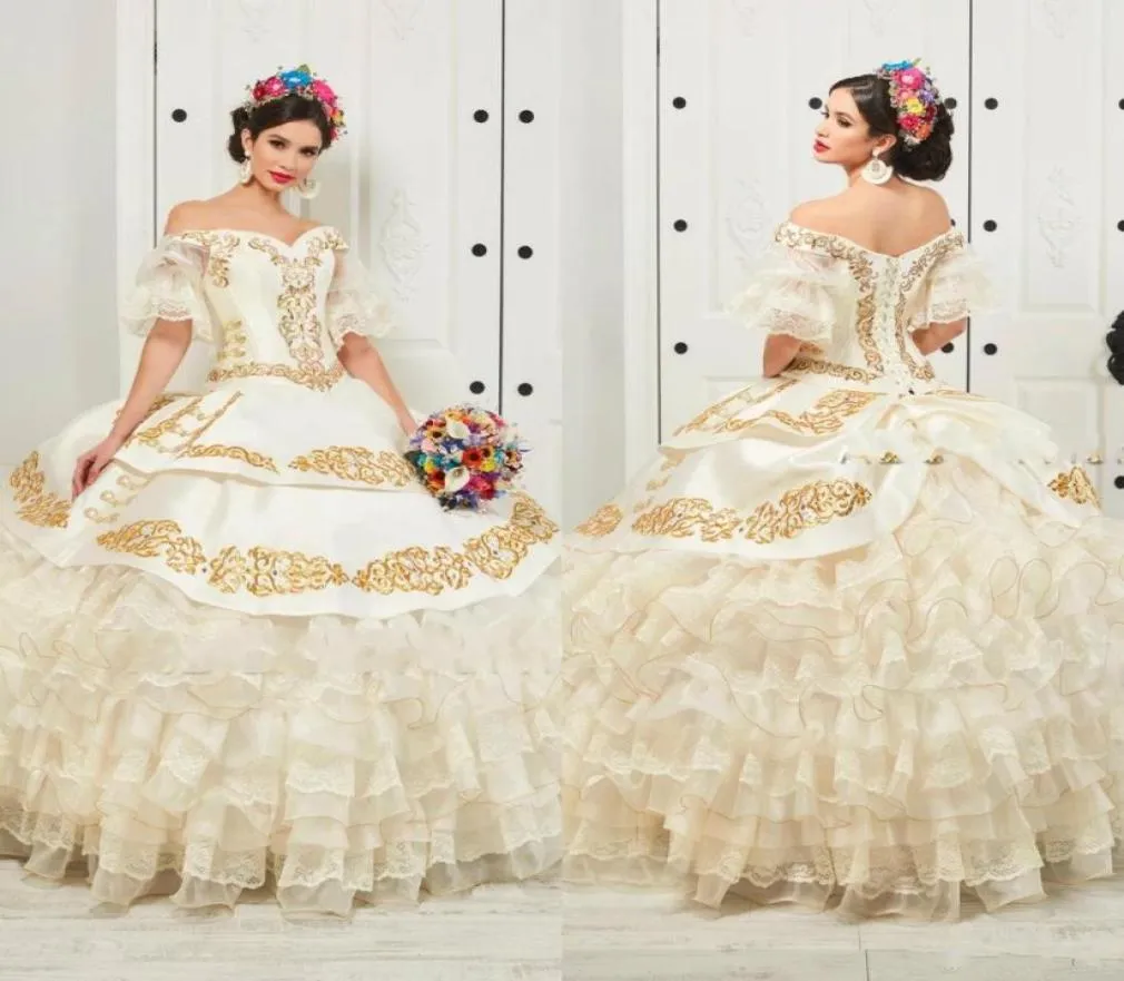 Ruffled Floral Charro Quinceanera Dresses 2020 Off Shoulder Puffy Skirt Gold Embroidery Beads Princess Sweety 16 Girls Masquerade 3132393