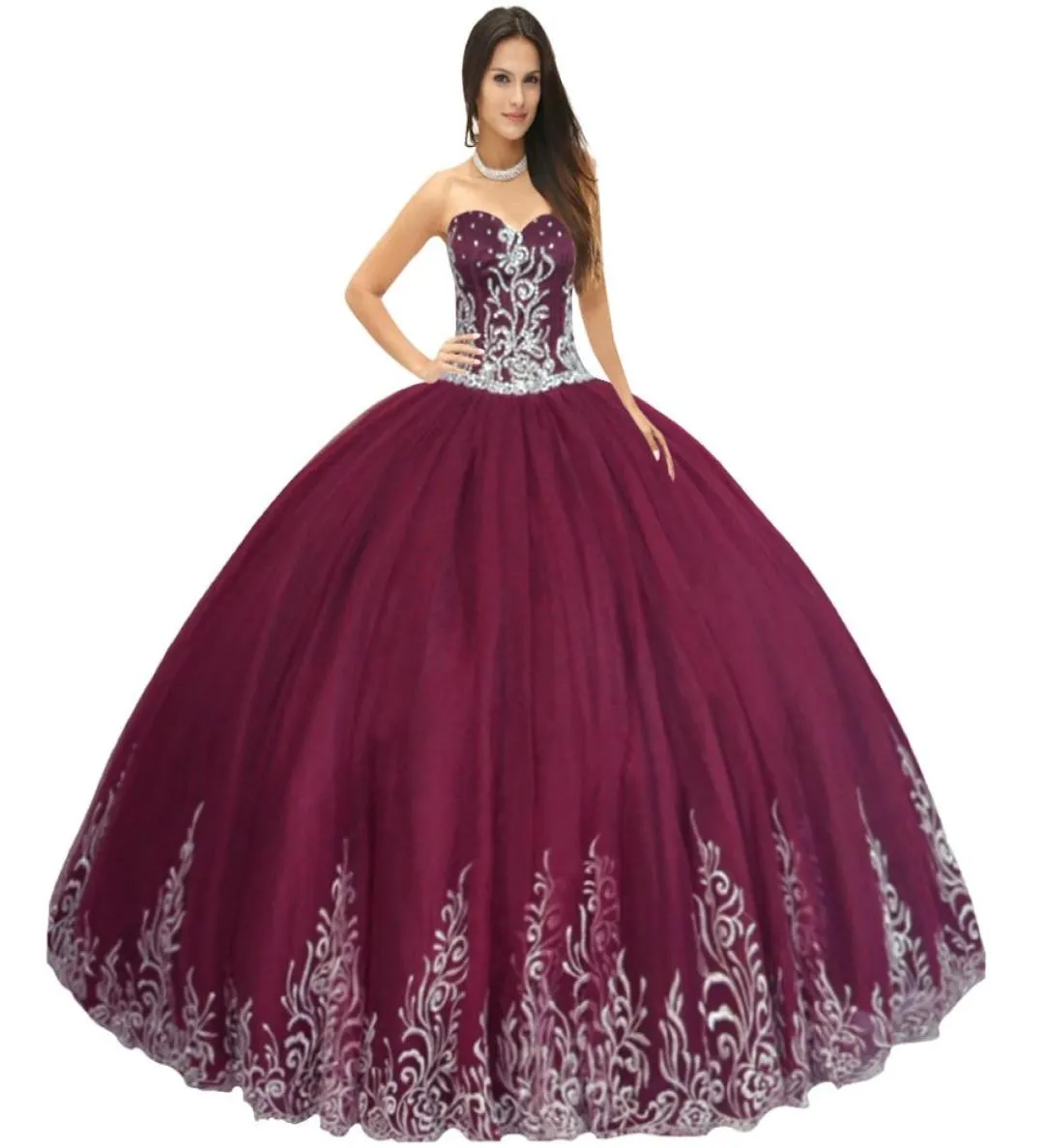 Pretty Sweetheart Bourgogne Quinceanera klänning virvlande broderier runt hemlinjens golvlängd tyll veckad kjol prinsessan söt 166221796