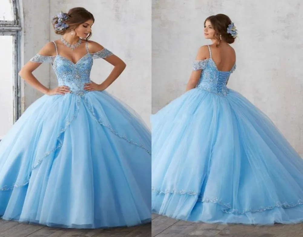 2019 Light Sky Blue Ball Gown Quinceanera Dresses Cap Sleeves Spaghetti Beading Crystal Princess Prom Party Dresses For Sweet 16 G6608375